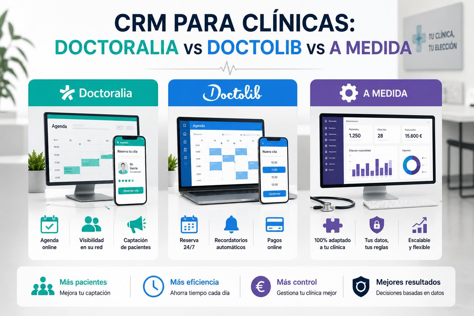 CRM para clínicas: Doctoralia vs Doctolib vs a medida