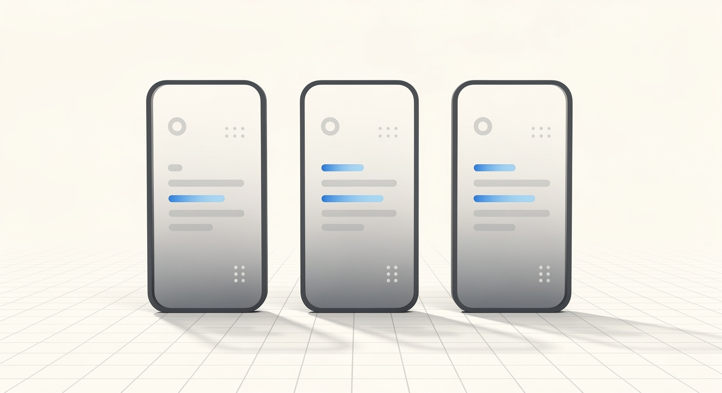 Ilustración conceptual: dos o tres formas verticales abstractas tipo dispositivo con interfaces sutiles alineadas horizontalmente — representa aplicaciones móviles empresariales a medida.