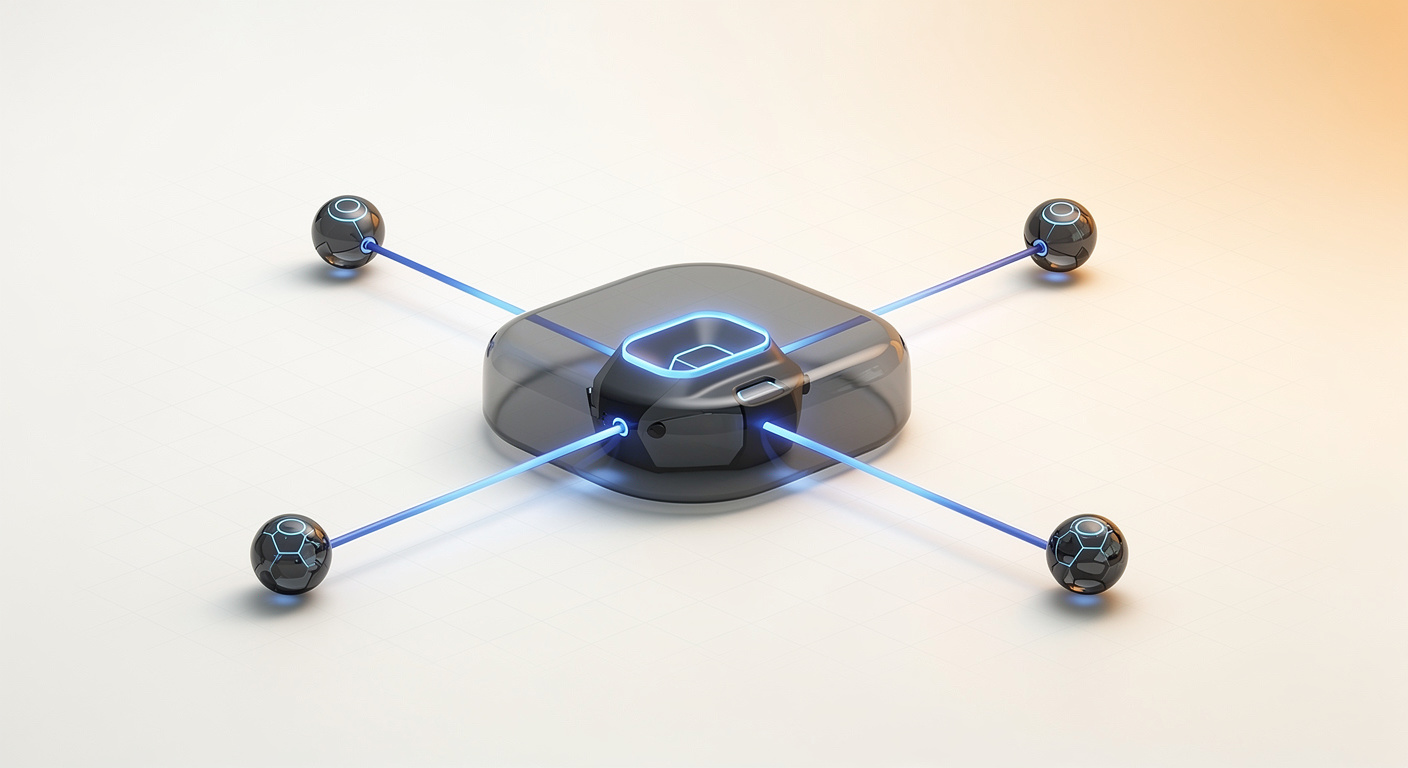 Ilustración conceptual: una estructura central con destellos de luz azul suave irradiando en varias direcciones — representa la inteligencia artificial aplicada a la automatización de procesos empresariales.