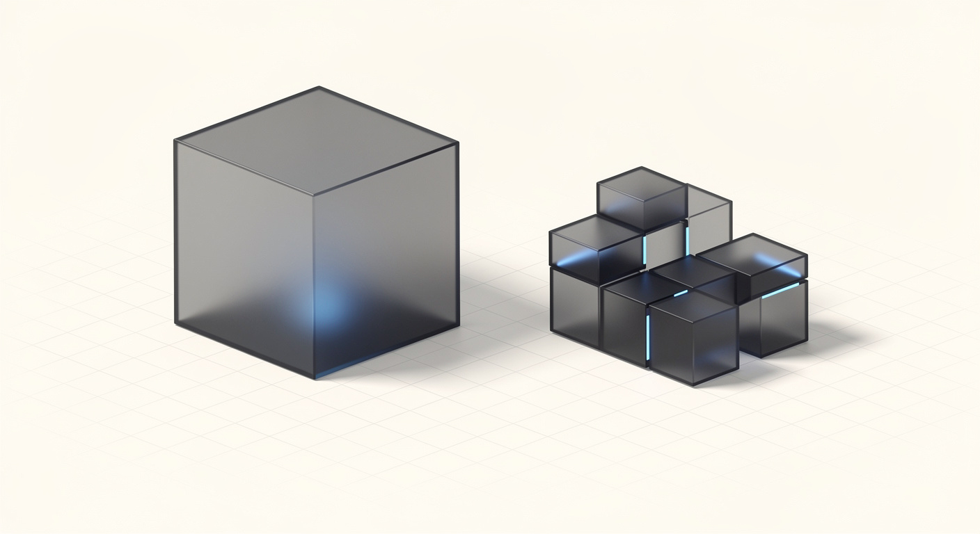 Ilustración conceptual: a la izquierda una gran caja SaaS enterprise cerrada; a la derecha una construcción modular a medida ensamblada — representa la decisión entre CRM enterprise estándar y desarrollo propio.