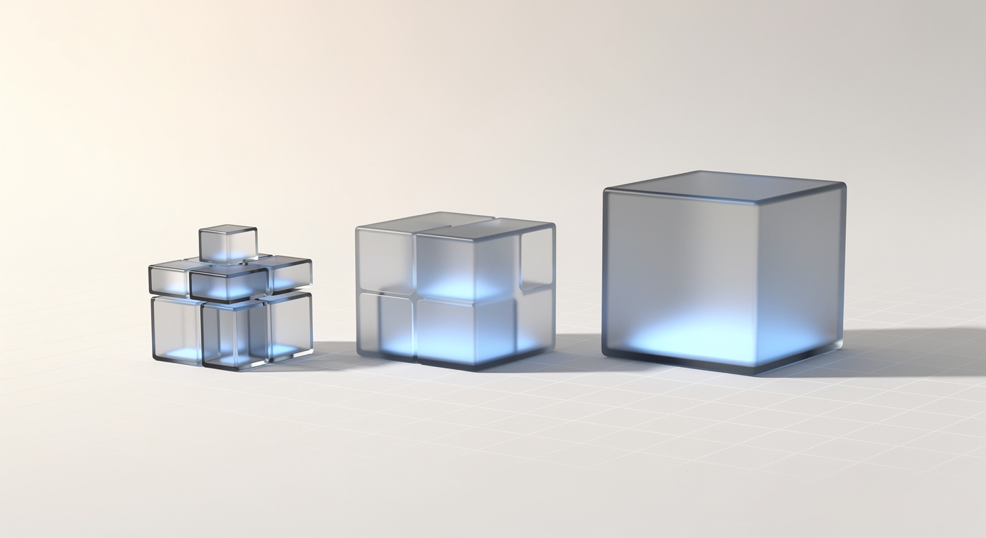 Ilustración conceptual: tres estructuras alineadas horizontalmente representan tres aproximaciones distintas al ERP — modular ensamblado a la izquierda, contenedor medio en el centro, monolítico enterprise a la derecha.