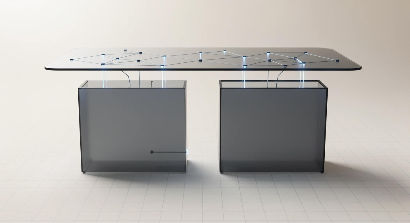 Ilustración conceptual: dos estructuras glass consolidadas se mantienen intactas mientras una capa horizontal semi-transparente con nodos de luz azul se despliega encima conectándolas, representando una capa de integración añadida sin sustituir los sistemas existentes.